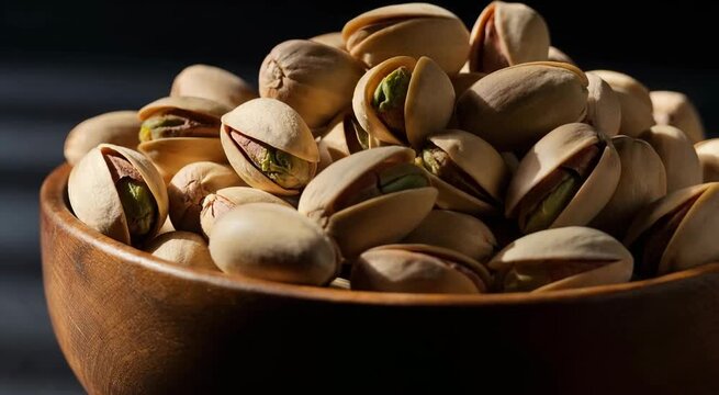 Pistachio nuts in wooden bowl close up on dark background