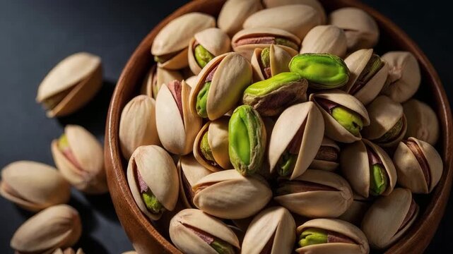 Pistachio nuts in wooden bowl on dark background