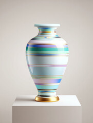 Hand painted benjarong ceramic vase with colorful striped pattern and gold accent stands elegantly on white pedestal in studio setting