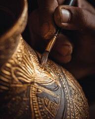 Hand painted benjarong ceramic vase with intricate gold pattern being detailed by artist brush, traditional craftsmanship and cultural heritage reflected in delicate design