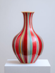 Hand painted benjarong ceramic vase features vibrant red green and gold stripes with glossy finish creating elegant decorative accent for modern interiors