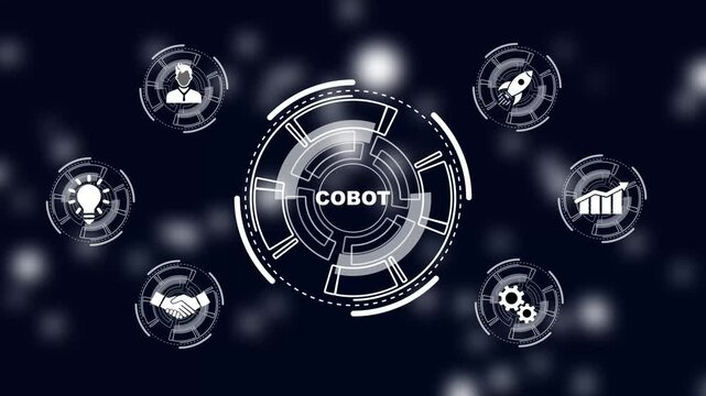 Industrial automation technology concept. Collaborative robot, cobot. a futuristic holographic advanced HUD circle platform Business, Technology network background concept.