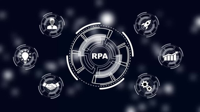 RPA Robotic process automation innovation technology concept. Business, technology, networking concept. a futuristic holographic advanced HUD circle platform Business, Technology network background.