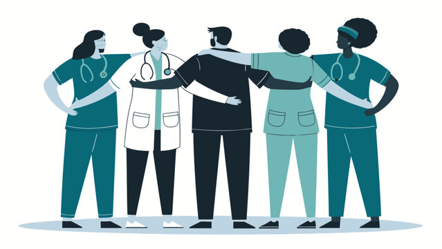 Diverse medical professionals in silhouette embracing, representing teamwork and support in healthcare