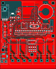 Vector printed circuit board of electronic 
device with components of radio elements, 
conductors, contact pads placed on pcb. 
Engineering technical drawing. Pcb pattern. 
Electric background. 