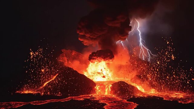 Volcano erupting with lava and lightning