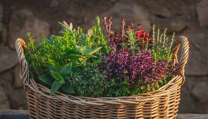 Regional Basket of Fresh Herbs Showcasing Vibrant Colors and Detailed Natural Textures in Rustic Composition