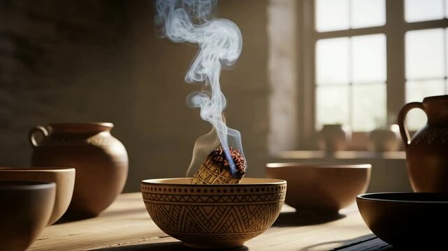 Smudging ceremony with sage in a traditional ceramic bowl on a wooden table surrounded by pottery smoke