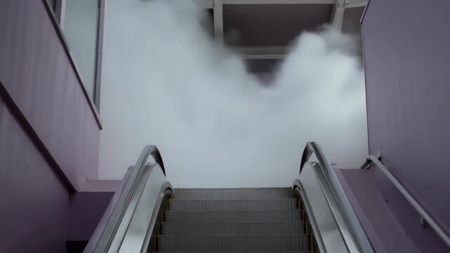 A background of an escalator moving upwards into a soft white cloud, pastel lavender walls, silent and mysterious atmosphere.