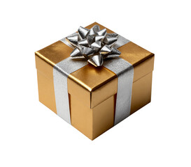 A gold gift box and a silver ribbon