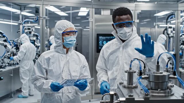 Scientists in protective suits working in lab