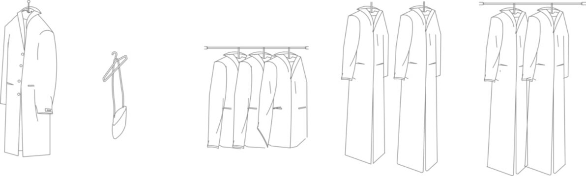 Minimalist vector illustration featuring various long coats and jackets on hangers, showcasing fashion sketches in a clean line art style.