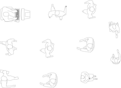 Technical vector illustration of people silhouettes from a top view perspective, featuring individuals walking, sitting, and working.