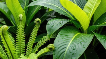 Obraz premium A lush green plant with water droplets on its leaves in a serene natural setting