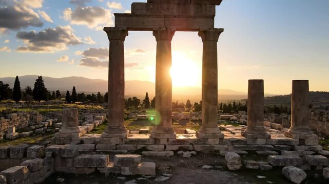 Ancient Greek Temple Ruins at Sunset with Sunlight Shining Through the Columns, Greece Landmark