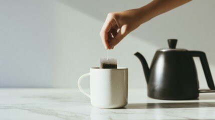 Hand brewing tea with bag in white cup on marble table