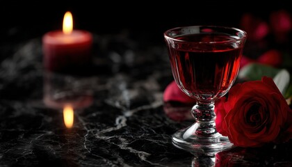 Darkly lit scene features a glass of red beverage beside a blooming rose and a burning candle