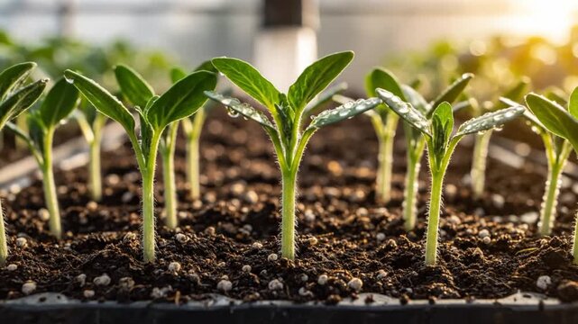 Time-lapse of young seedlings growing in a greenhouse under sunlight with water droplets glistening on leaves