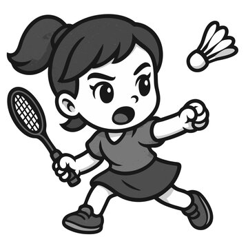Cartoon girl playing badminton and aiming with racket. Cute cartoon style, bold outlines, simplified shapes, big expressive eyes, clean vector look, monochrome grayscale palette, isolated   
