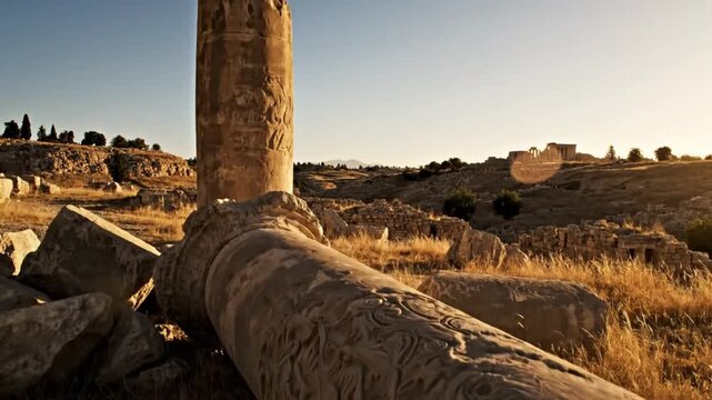 Ancient architectural ruins with columns and fallen stonework basking in warm sunlight reflecting history and time