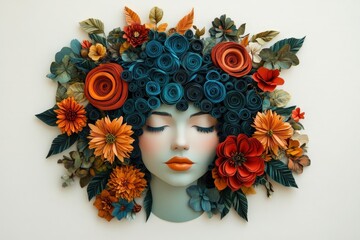Paper craft artistic representation of a woman's face adorned with elaborate floral headdress