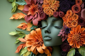 Elaborate paper crafting technique showcases a serene female visage adorned with voluminous floral elements