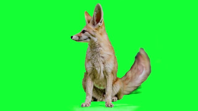 An exotic fennec fox sits in a studio setting against a bright green chroma key backdrop. This asset is intended for high-end visual effects and creators needing realistic desert animals for digital e