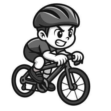 Young boy riding bicycle. Cute cartoon style, bold outlines, simplified shapes, big expressive eyes, clean vector look, monochrome grayscale palette, isolated on transparent background