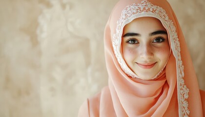 Young woman wearing a light peach colored headscarf with white lace trim smiles gently
