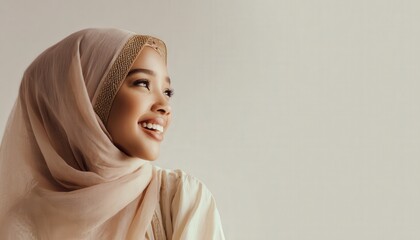Young woman wearing a light colored headscarf smiles genuinely against a neutral background