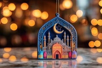 Decorative hanging ornament depicting an illuminated mosque silhouette glows against a warm bokeh background