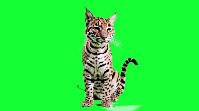 An exotic ocelot with distinctive spotted fur sits calmly on a green screen, looking toward the camera. Designed for high-quality wildlife documentaries and educational nature content.