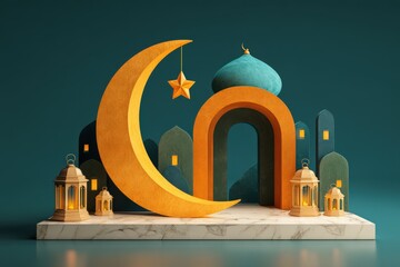 Stylized golden crescent moon and lantern arrangement decorates a marble pedestal against a deep teal background