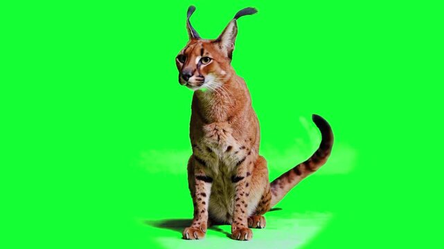 A wild caracal with distinctive tufted ears and spotted fur sits in an alert pose against a chroma key green background. This high-quality animal asset is ideal for wildlife documentaries or cinematic