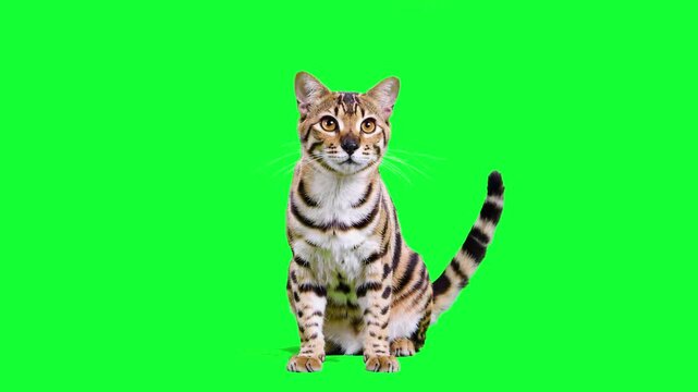 A slender serval cat with large ears and a spotted coat pattern sits in a studio setting with a green screen. This asset is intended for high-end visual effects and professional nature-themed producti