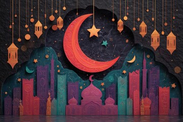 Decorative paper cut style celebration scene features a large crescent moon and stars above a stylized city skyline.