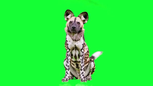 A realistic 3D animation of an African wild dog (Lycaon pictus) sitting attentively on a solid green screen. This high-fidelity asset features the unique mottled fur pattern, perfect for wildlife docu