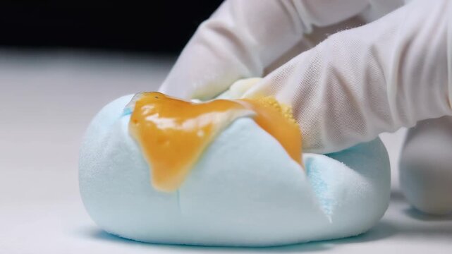 Slow motion of a soft pastel blue marshmallow being squished by a white gloved hand, revealing a gooey center, satisfying.