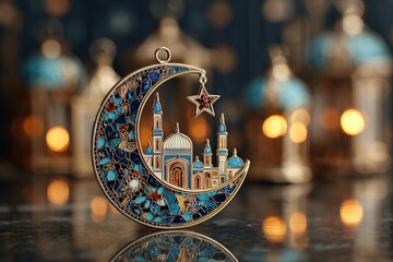 Ornate crescent moon pendant featuring an architectural depiction shines against a backdrop of glowing lanterns
