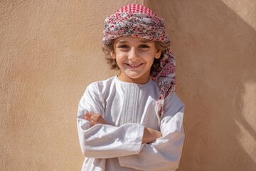 Young male child dressed in traditional regional attire smiles confidently against an earthen colored wall