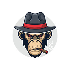 Angry gorilla mascot in fedora hat smoking a cigar, powerful vector illustration