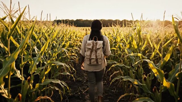 Woman with backpack walking through a sunlit cornfield towards the horizon, enjoying nature