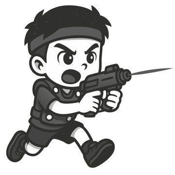 Cartoon boy running and aiming with a laser tag in action pose. Cute cartoon style, clean outlines, simplified shapes, large expressive eyes, clean vector look, monochrome palette in shades of gray,  