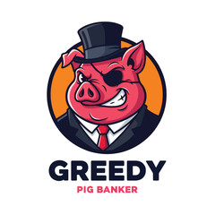 Fototapeta premium Sharp-dressed pig character illustration with an eyepatch, formal suit, and top hat, cunning expression