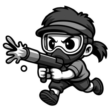 Cartoon girl running and shooting water gun while wearing mask. Cute cartoon style, clear outlines, simplified shapes, large expressive eyes, clean vector look, monochrome palette in shades of gray,  