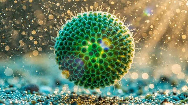 Mesmerizing close up of the Volvox colony, a sphere of emerald green spiraling through water