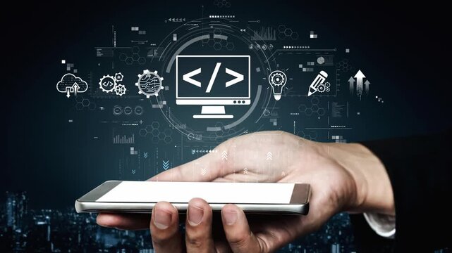 Modern web development concept featuring coding symbols, web development process, web development interface, and web development tools with futuristic design. Muxer