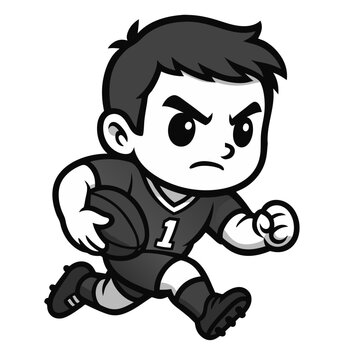 Cartoon boy rugby player running while holding a ball in an aggressive pose. Cute cartoon style, clear outlines, simplified shapes, large expressive eyes, clean vector look, monochrome palette