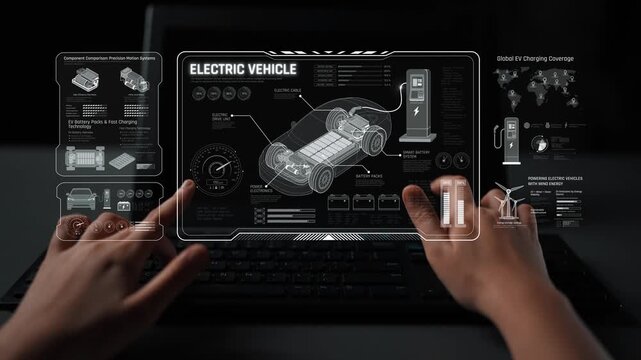 Technical layout of electric vehicle showing battery system, power control, traction motor, charging interface, and integration with renewable and smart energy sources Marrow