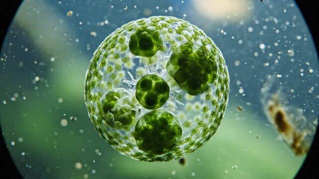 Microscopic view of a Volvox colony showing the green algae and their internal daughter colonies in detail